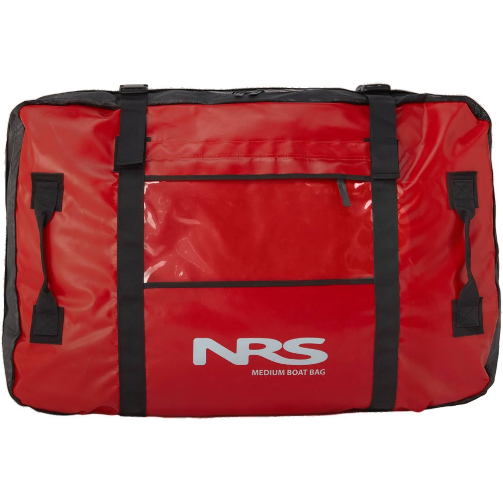 The NRS Boat Bag, labeled "Medium Boat Bag," is a durable large red bag with black straps and a front pocket, ideal for storing gear for inflatable kayaks and adding style to your water adventures.