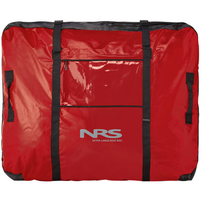 The NRS Boat Bag in red, size extra-large, is ideal for inflatable kayaks and rafts with its black straps and handy front zippered pocket.