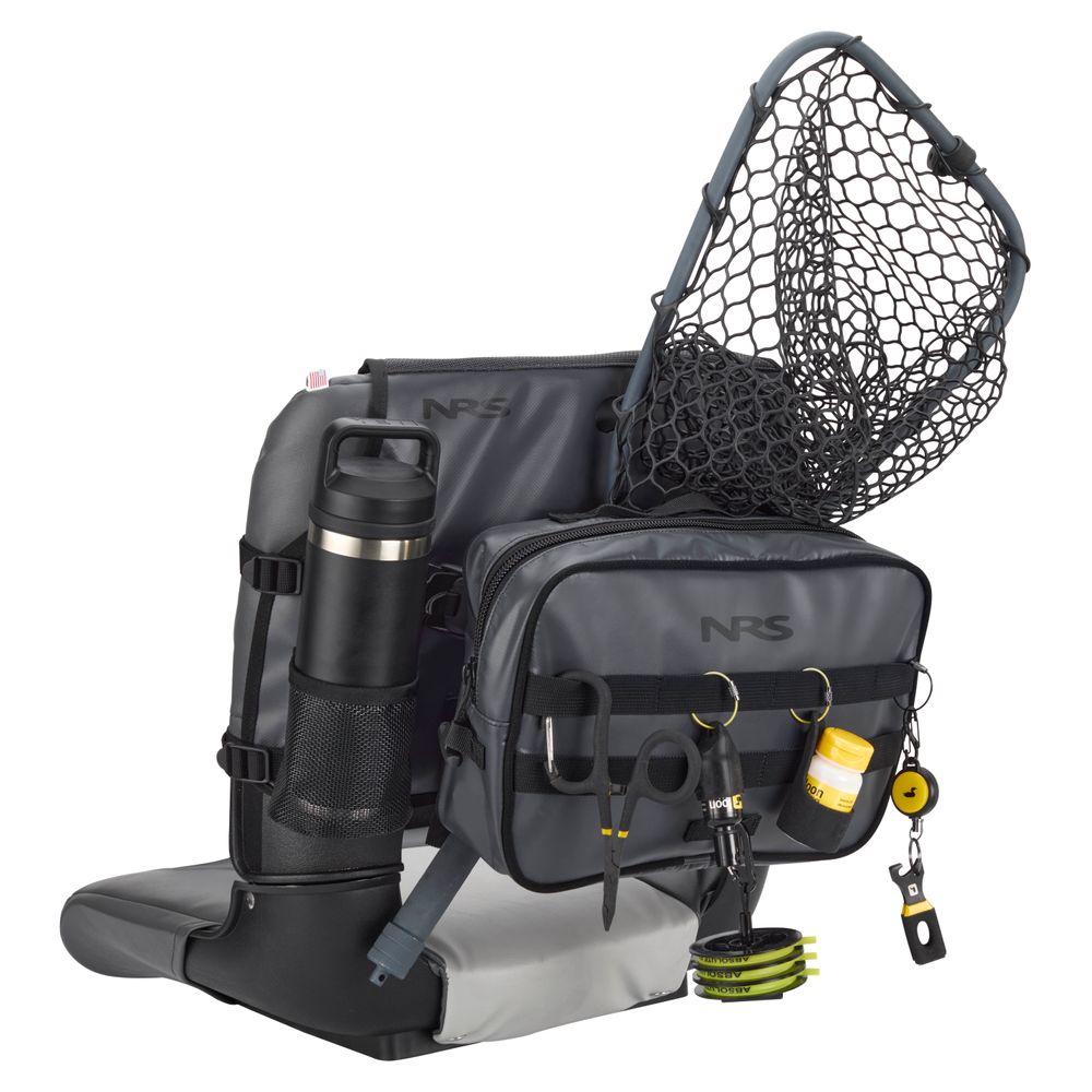 The NRS Throw Back Fishing Seat Bag is a portable fishing seat with PVC-free mesh storage, water bottle holder, fishing net, and multiple accessories secured to the front and sides.