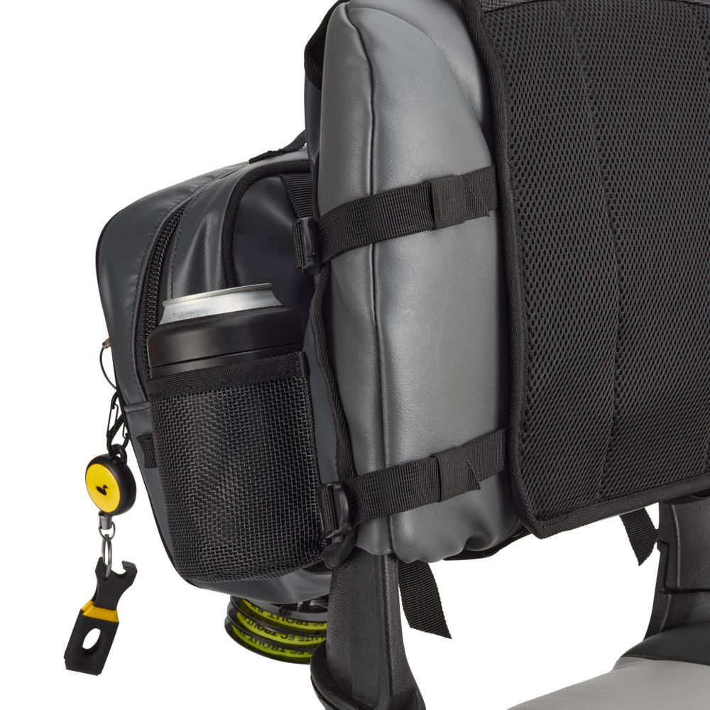 A close-up of the NRS Throw Back Fishing Seat Bag, a gray bag strapped to a chair, shows its PVC-free mesh side pocket holding a canned drink and a yellow retractable clip attached to its loop.