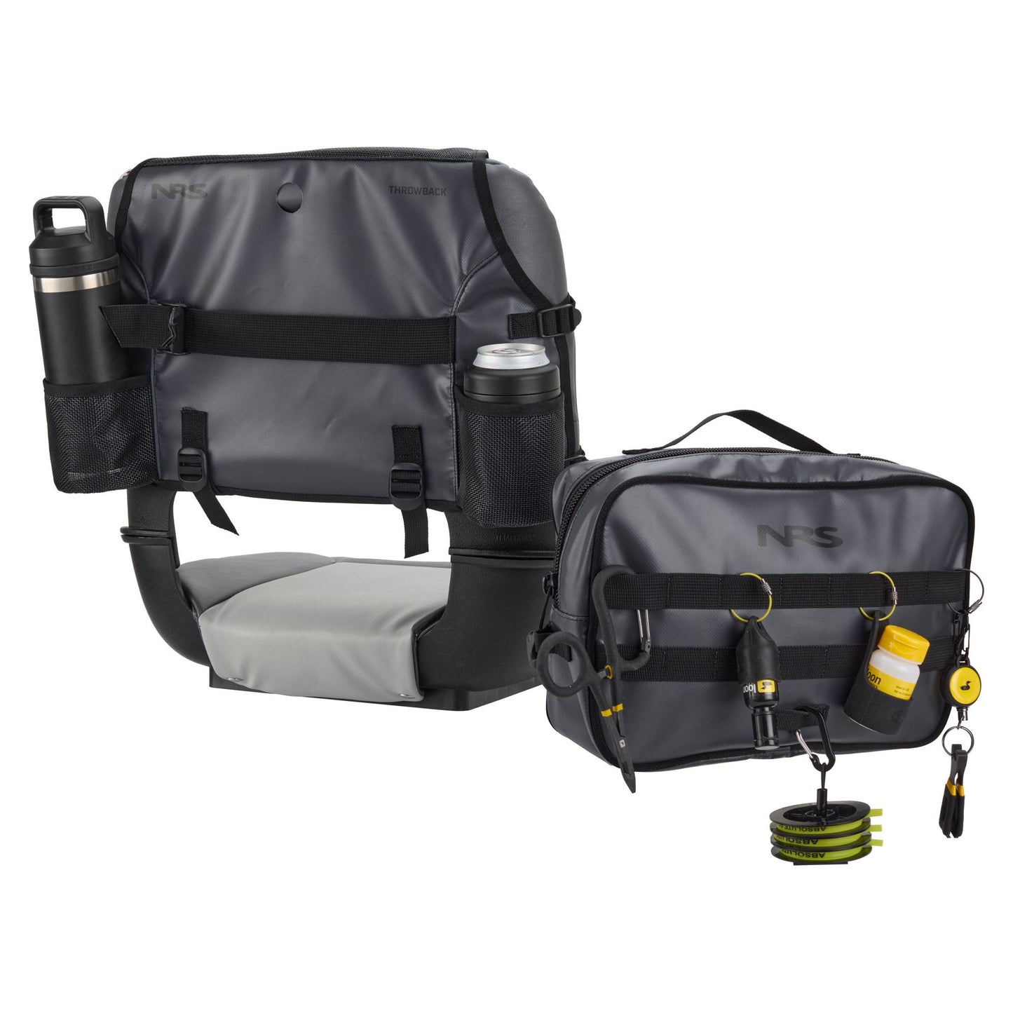 Two gray NRS Throw Back Fishing Seat Bags—one with drink holders for raft seating, the other with quick-drying mesh and assorted fishing tools and accessories clipped to the front.