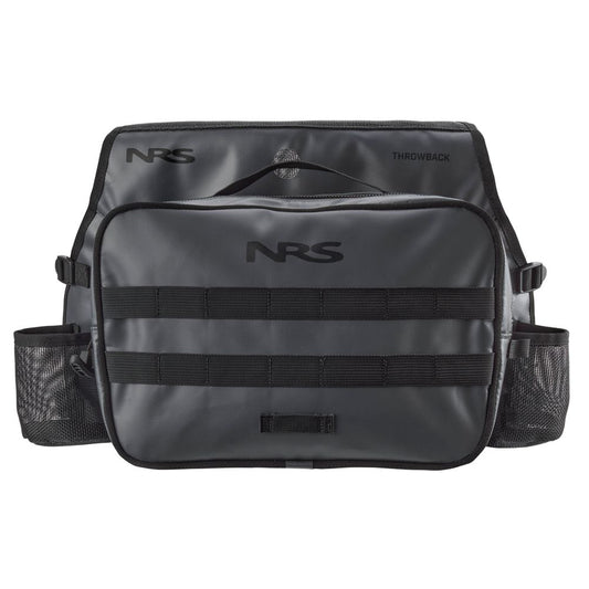 The NRS Throw Back Fishing Seat Bag features gray fabric, black straps, PVC-free mesh side pockets, and the NRS logo on the front and top—ideal as a raft seat bag or for fishing seat storage.