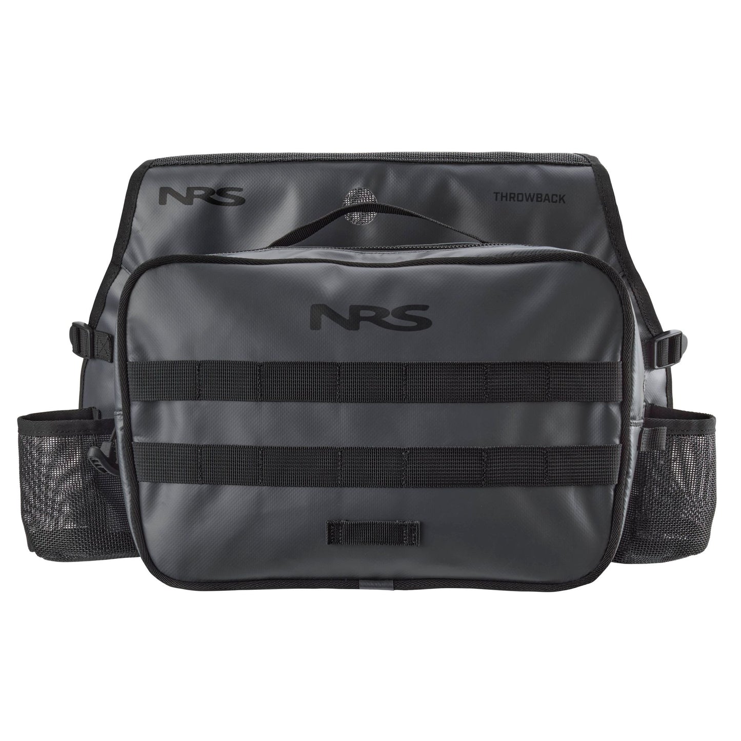 The NRS Throw Back Fishing Seat Bag features quick-drying mesh side pouches, multiple pockets, and a top handle—ideal as a fishing storage bag for water rescue or outdoor adventures.