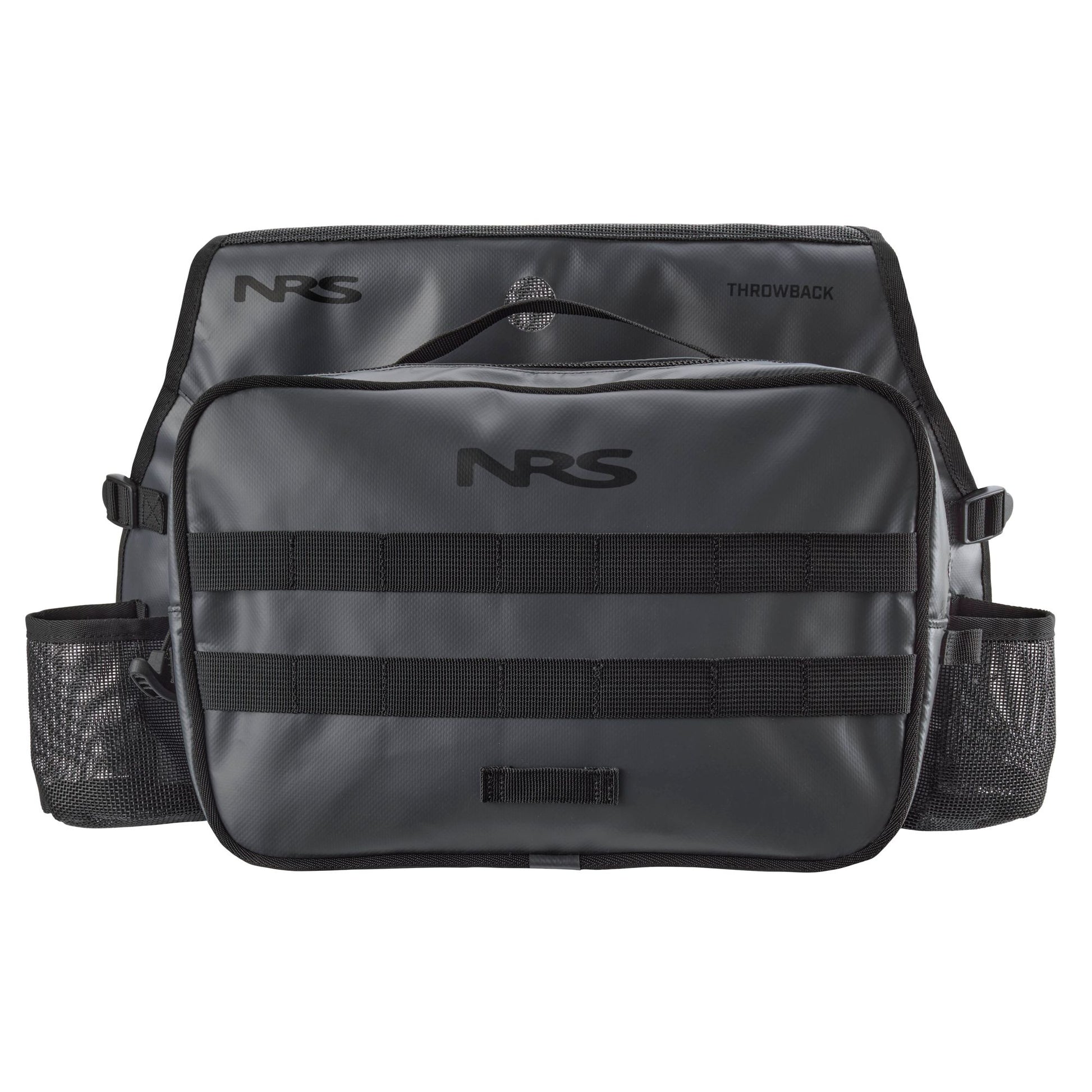 The NRS Throw Back Fishing Seat Bag features quick-drying mesh side pouches, multiple pockets, and a top handle—ideal as a fishing storage bag for water rescue or outdoor adventures.
