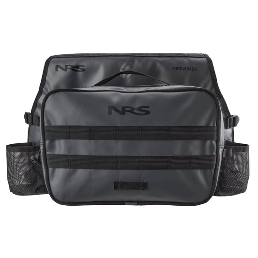 The NRS Throw Back Fishing Seat Bag features quick-drying mesh side pouches, multiple pockets, and a top handle—ideal as a fishing storage bag for water rescue or outdoor adventures.