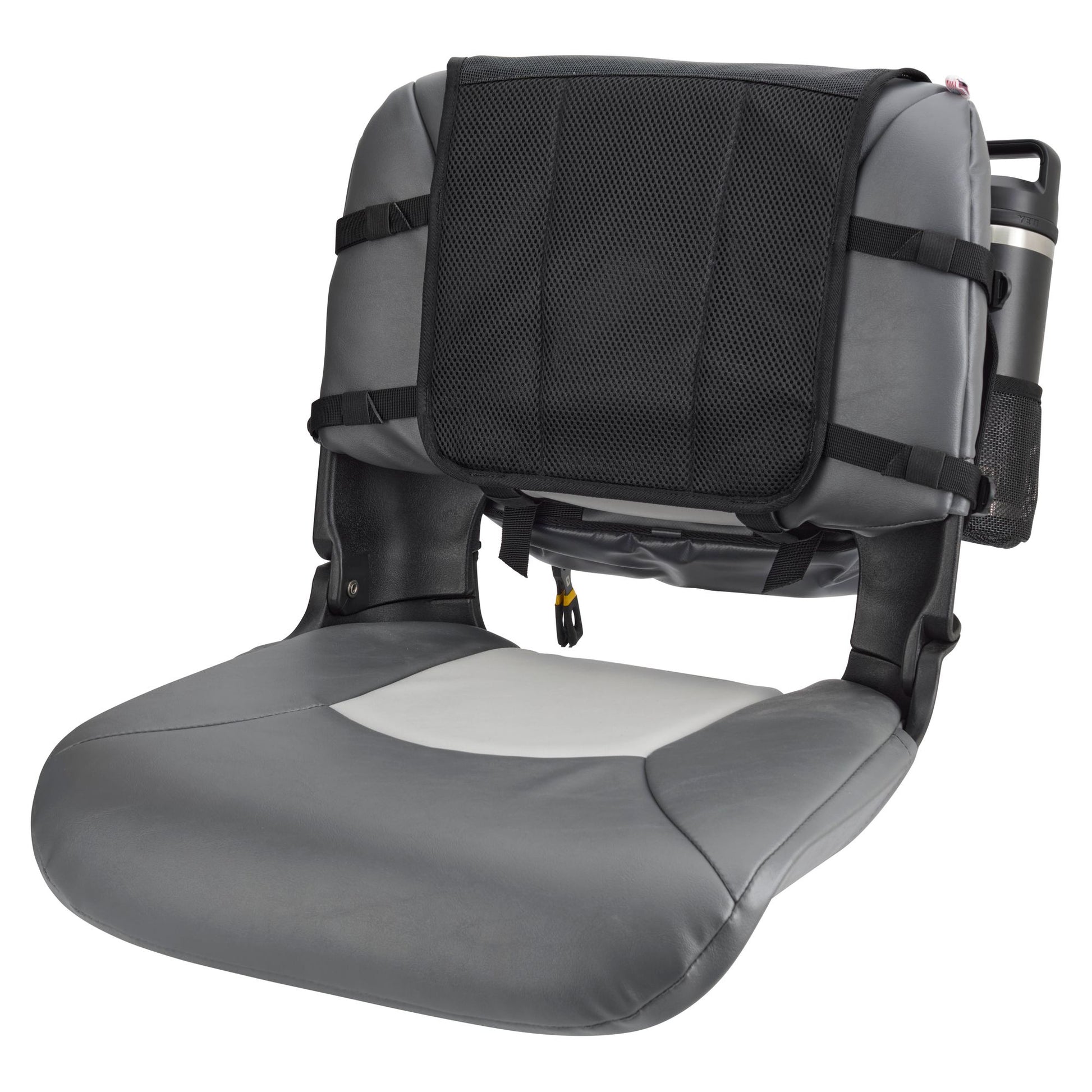 The NRS Throw Back Fishing Seat Bag features gray padding, a black quick-dry mesh backrest, storage pockets, and adjustable straps for portable use—ideal as a raft seat bag for comfort and convenience on the water.