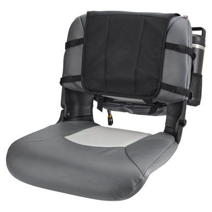 The NRS Throw Back Fishing Seat Bag features gray padding, a black quick-dry mesh backrest, storage pockets, and adjustable straps for portable use—ideal as a raft seat bag for comfort and convenience on the water.