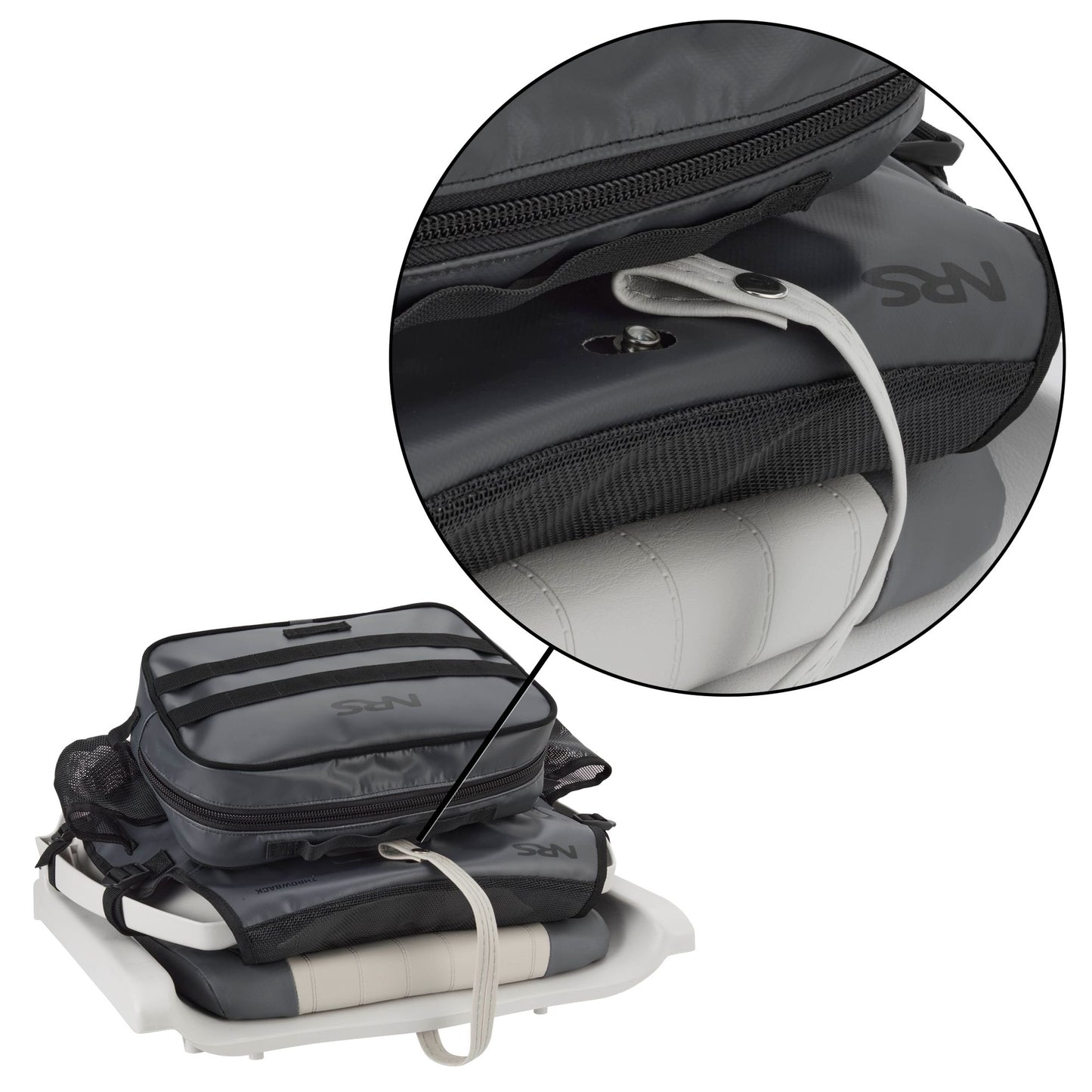 A black NRS Throw Back Fishing Seat Bag is strapped to a white seat; an inset shows the strap attachment and zipper details of this quick-drying mesh raft seat bag.