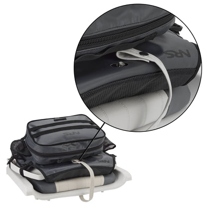 A black NRS Throw Back Fishing Seat Bag is strapped to a white seat; an inset shows the strap attachment and zipper details of this quick-drying mesh raft seat bag.