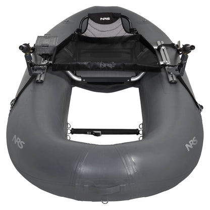 The NRS Boundary 100 Personal Fishing Raft showcases a gray inflatable design with a durable metal frame, seat, and holder attachments, viewed frontally.