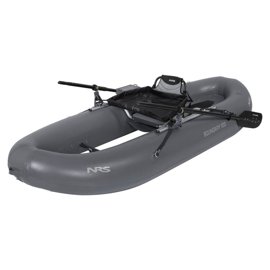 The NRS Boundary 100 personal fishing raft, with its gray inflatable design, includes oars and a raised seat. This compact craft is ideal for solo anglers, offering easy maneuverability on the water.