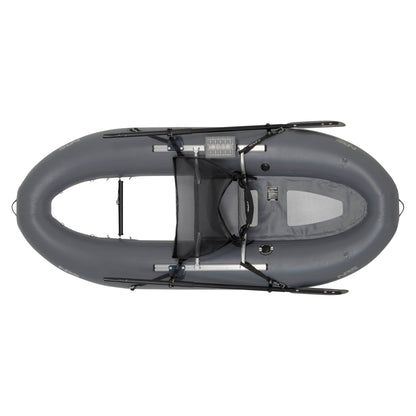 Top view of the NRS Boundary 100, a gray inflatable personal fishing raft featuring two attached paddles and a mesh seat.