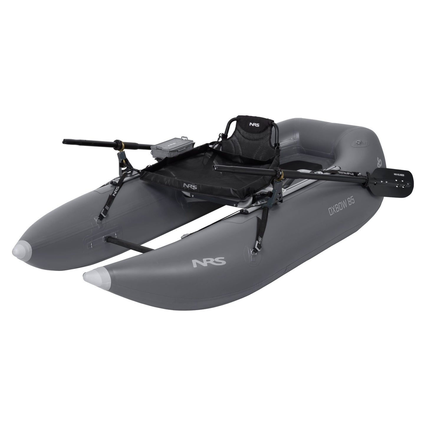 The Oxbow 85 Personal Fishing Raft from NRS is a gray inflatable pontoon boat with welded seams, two pontoons, oars, and a central seat with backrest. Its lightweight structure and open bow design make it perfect for versatile adventures.
