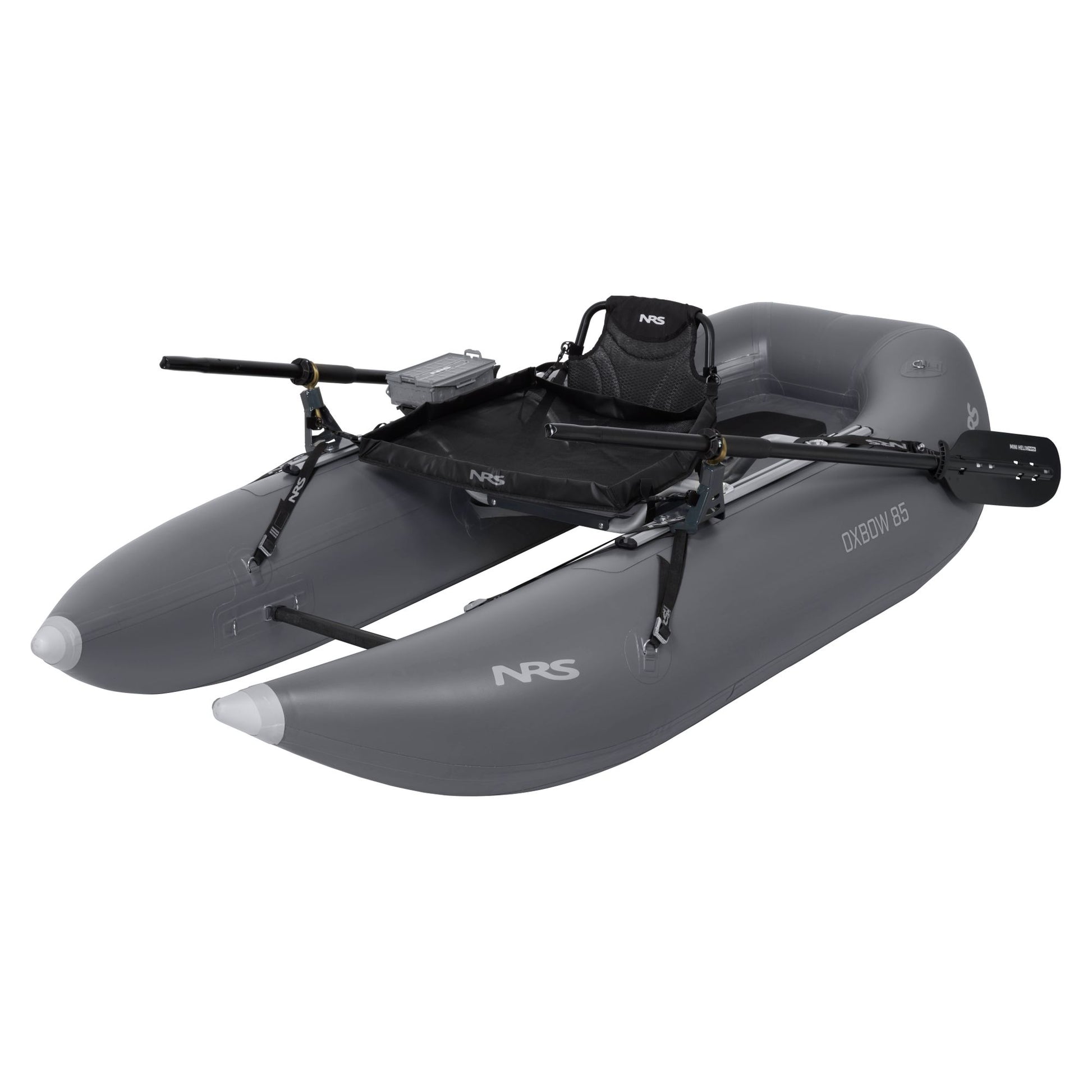 The Oxbow 85 Personal Fishing Raft from NRS is a gray inflatable pontoon boat with welded seams, two pontoons, oars, and a central seat with backrest. Its lightweight structure and open bow design make it perfect for versatile adventures.