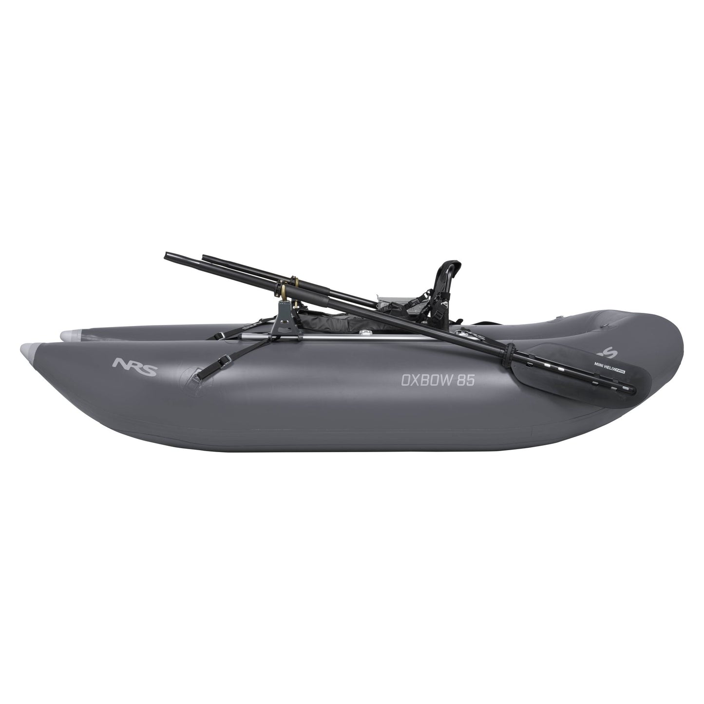 The NRS Oxbow 85 Personal Fishing Raft is a gray inflatable pontoon boat with black oars on top and reinforced welded seams for enhanced durability.