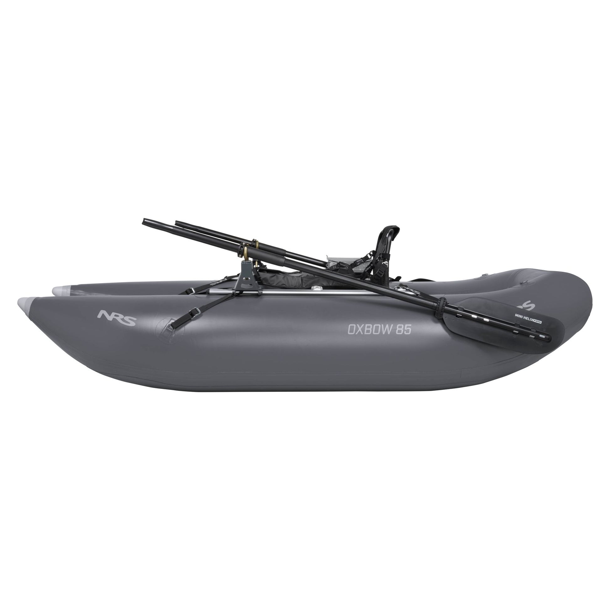 The NRS Oxbow 85 Personal Fishing Raft is a gray inflatable pontoon boat with black oars on top and reinforced welded seams for enhanced durability.
