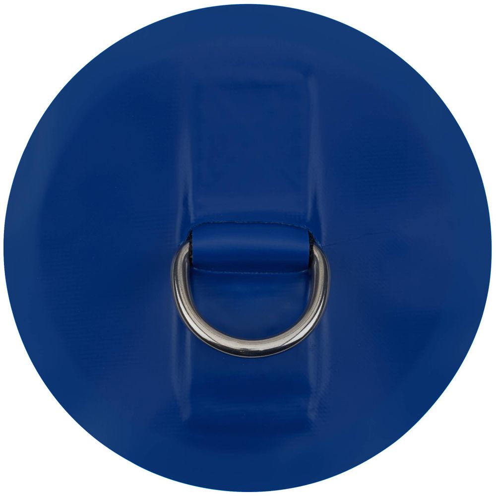 Close-up of a blue circular object featuring a metal NRS Star 1.5" PVC D-Ring at its center, designed to work seamlessly with heavy-duty webbing.