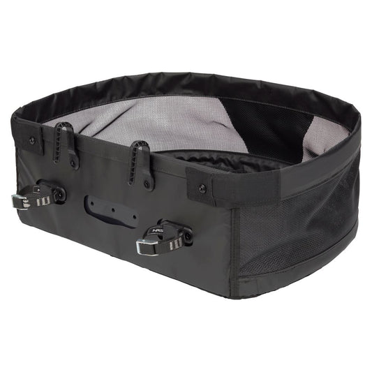The NRS Stripping Basket for Molded Thigh Hooks is a black, oval, collapsible gear container with mesh sides, two buckles, and a gray interior—ideal for fly line management on fishing rafts.