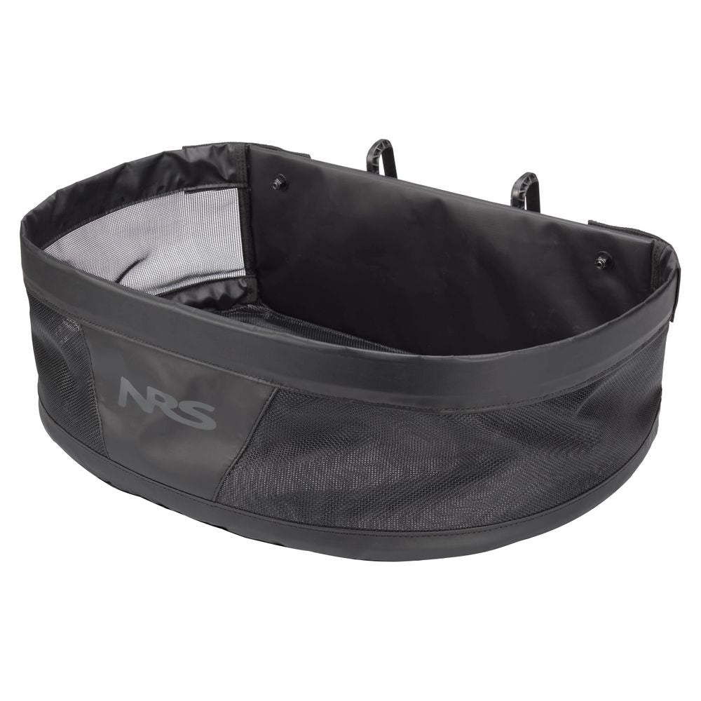 The NRS Stripping Basket for Molded Thigh Hooks is a black mesh and fabric storage bin with an open top and clips, perfect for fly line management on fishing rafts.