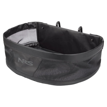 The NRS Stripping Basket for Molded Thigh Hooks is a black mesh and fabric storage bin with an open top and clips, perfect for fly line management on fishing rafts.
