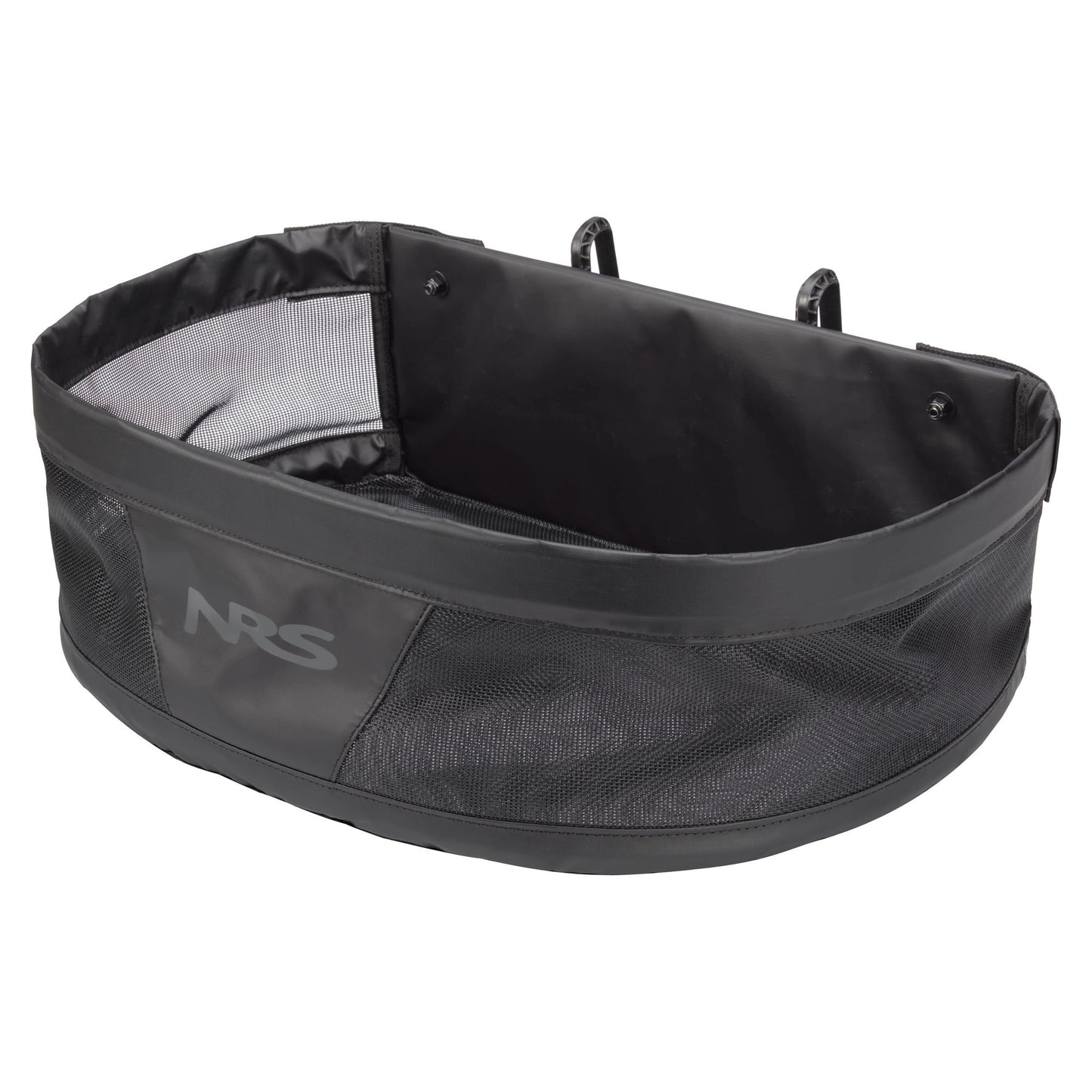The NRS Stripping Basket for Molded Thigh Hooks is a black mesh and fabric collapsible storage bin with a structured rim and two attachment straps, ideal for fishing rafts and fly line management.