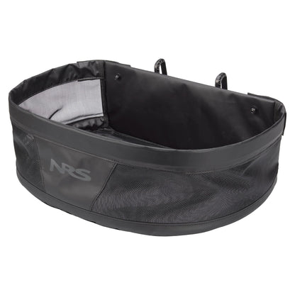 The NRS Stripping Basket for Molded Thigh Hooks is a black mesh and fabric collapsible storage bin with a structured rim and two attachment straps, ideal for fishing rafts and fly line management.