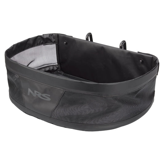 The NRS Stripping Basket for Molded Thigh Hooks is a black mesh and fabric collapsible storage bin with a structured rim and two attachment straps, ideal for fishing rafts and fly line management.