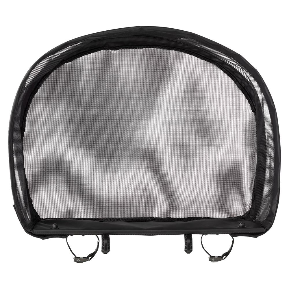 The NRS Stripping Basket for Molded Thigh Hooks is a black mesh wind deflector with two mounting clamps, inspired by fly line management solutions like those used on fishing rafts.