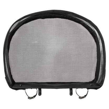 The NRS Stripping Basket for Molded Thigh Hooks is a black mesh wind deflector with two mounting clamps, inspired by fly line management solutions like those used on fishing rafts.