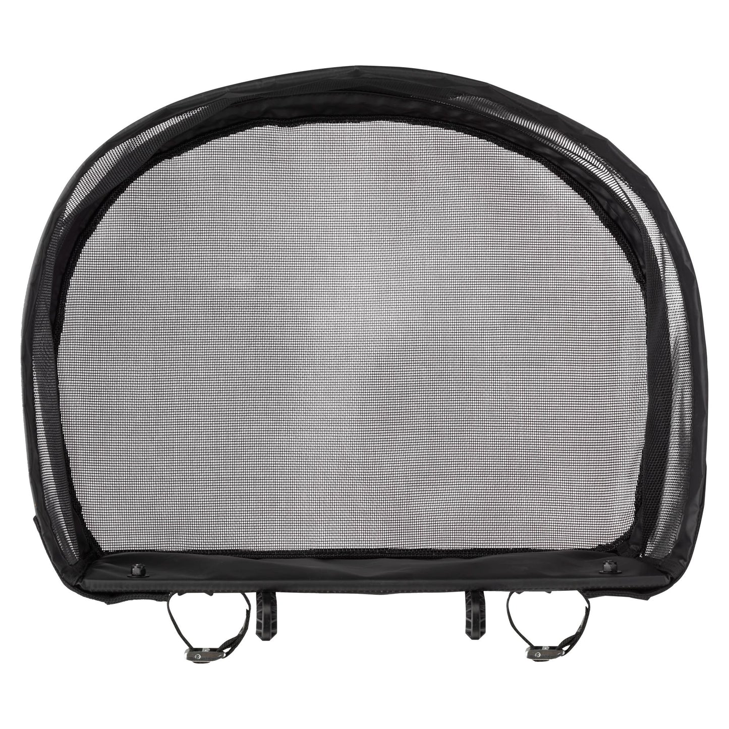 The NRS Stripping Basket for Molded Thigh Hooks is a black mesh canopy with two adjustable metal clamps for easy attachment to fishing rafts, designed to help manage fly line—shown against a white background.