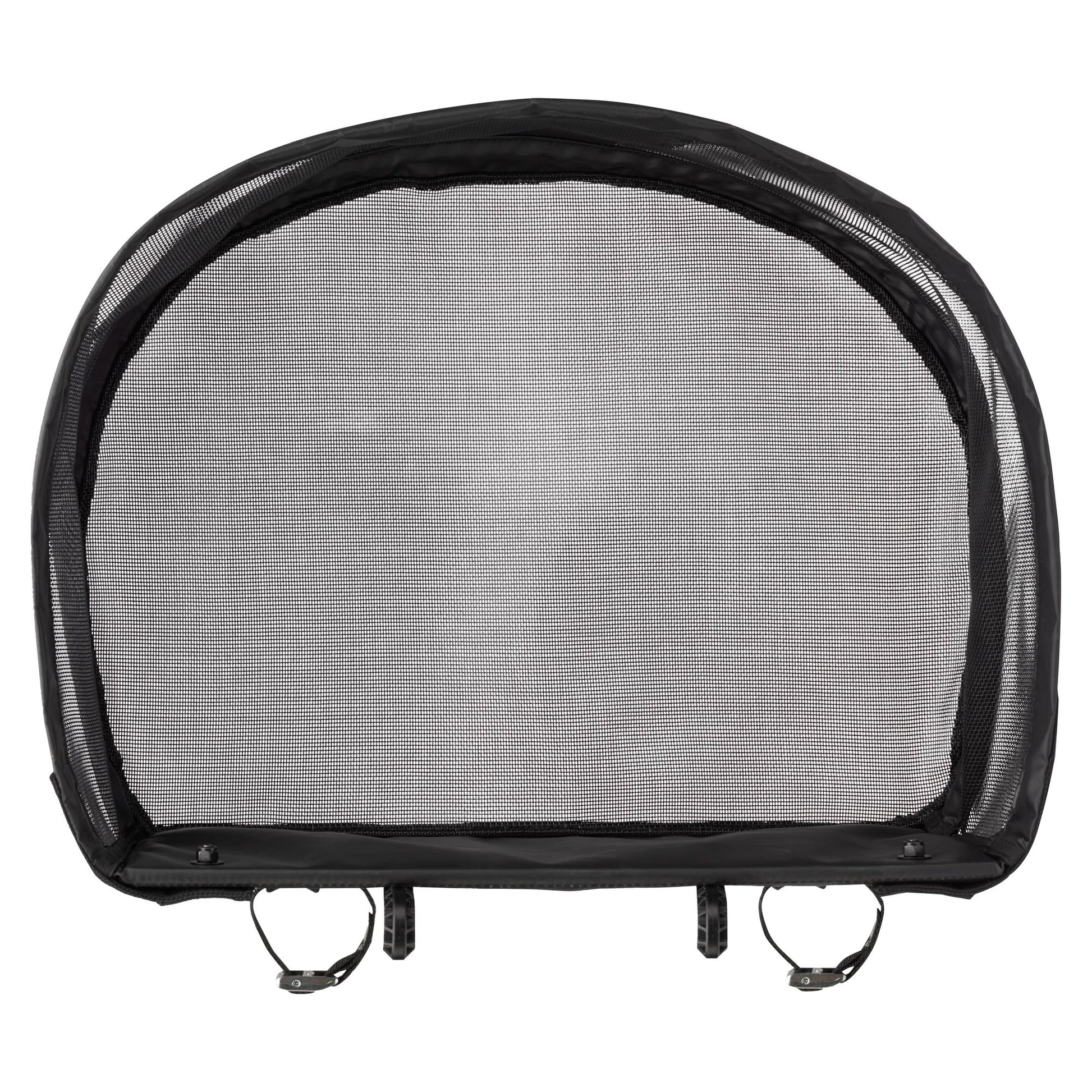 The NRS Stripping Basket for Molded Thigh Hooks is a black mesh canopy with two adjustable metal clamps for easy attachment to fishing rafts, designed to help manage fly line—shown against a white background.
