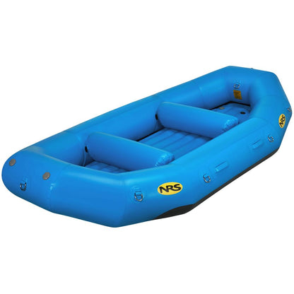 A blue raft featuring yellow NRS logos on the side, known for outfitter-grade performance in the Otter Series Rafts, made from durable Pennel Orca fabric.