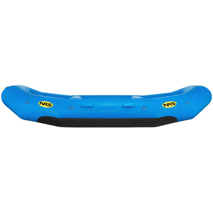 The NRS Otter Series features a blue inflatable raft with handles, made from durable Pennel Orca fabric and adorned with yellow NRS logos on both ends, ensuring outfitter-grade performance.