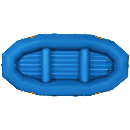 Top view of a blue inflatable raft featuring ridged seating and side handles, delivering outfitter-grade performance with durable Pennel Orca fabric, echoing the NRS Otter Series Rafts.
