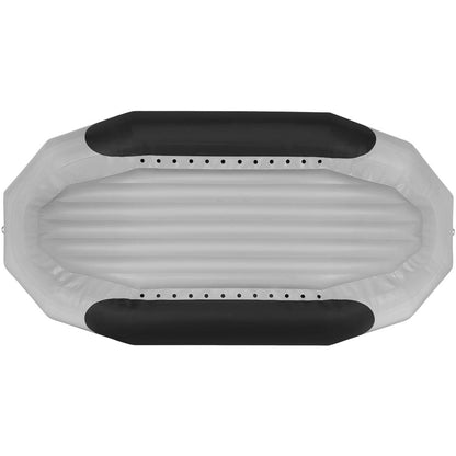 The NRS Otter Series inflatable raft features a ribbed bottom and symmetrical design in gray and black for outfitter-grade performance, crafted from durable Pennel Orca fabric.