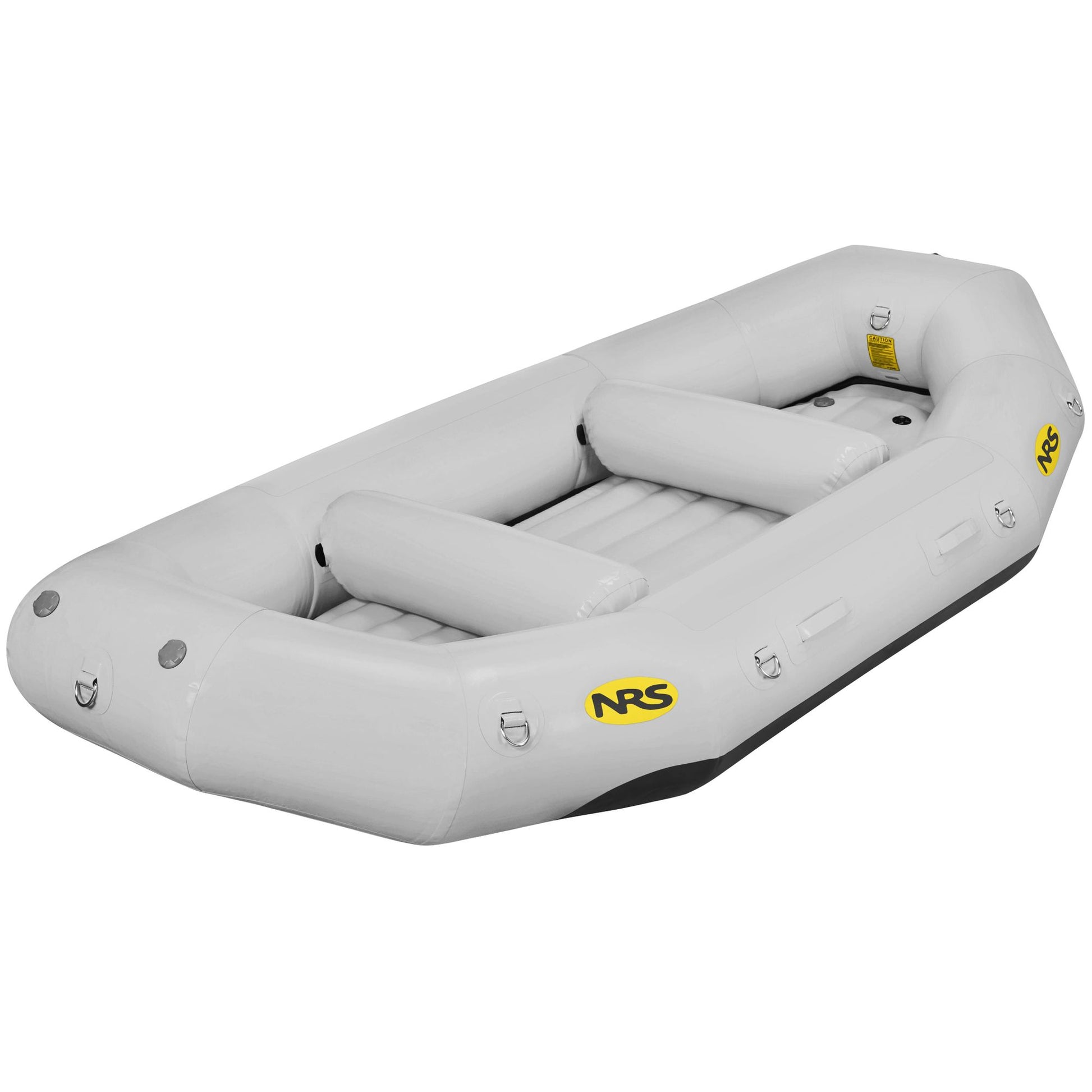 A gray NRS Otter Series Raft, featuring three bench seats and yellow NRS logos, is crafted from durable Pennel Orca fabric for outfitter-grade performance and shown on a white background.