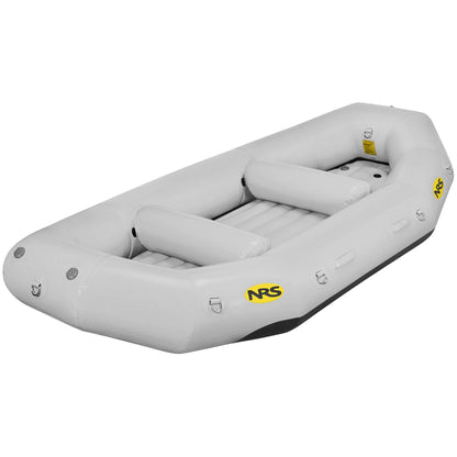A gray NRS Otter Series Raft, featuring three bench seats and yellow NRS logos, is crafted from durable Pennel Orca fabric for outfitter-grade performance and shown on a white background.