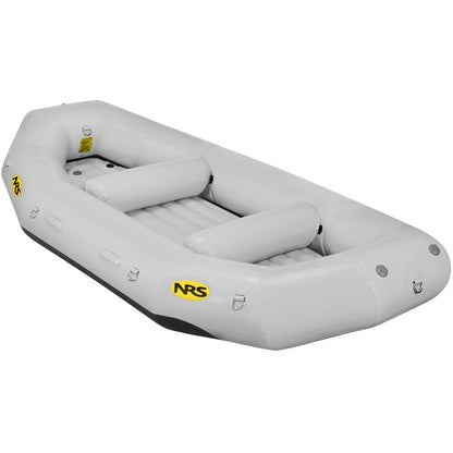 The NRS Otter Series outfitter-grade inflatable gray raft features durable Pennel Orca fabric, two side pontoons, and two interior seats. Its sleek design is highlighted by the yellow and black NRS logo on the side.