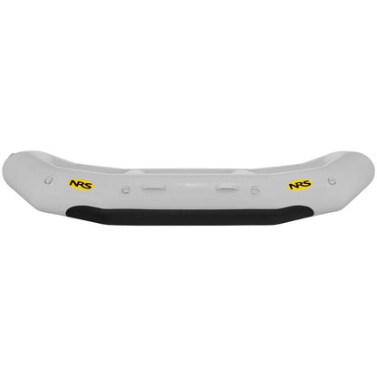 White NRS Otter Series inflatable raft with black bottom and yellow logos on each side, made from durable Pennel Orca fabric, showcasing outfitter-grade performance.