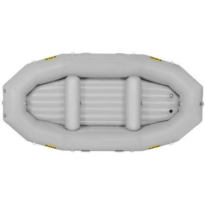 Top view of an NRS Otter Series Raft in grey, featuring outfitter-grade performance with dual seating and several air chambers. Constructed from robust Pennel Orca fabric.