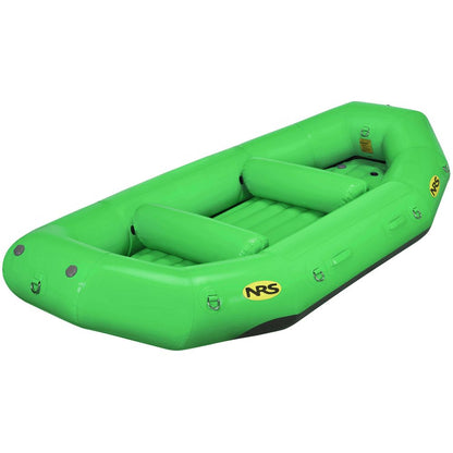 The NRS Otter Series inflatable raft is bright green with two side tubes and a flat bottom, made from Pennel Orca fabric, featuring the NRS logo. It provides outfitter-grade performance.