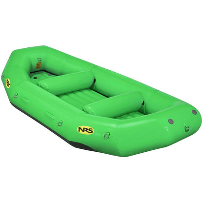 The NRS Otter Series inflatable raft, made with durable, vibrant green Pennel Orca fabric against a sleek white background, includes two seats and multiple handles for outfitter-grade river adventures.