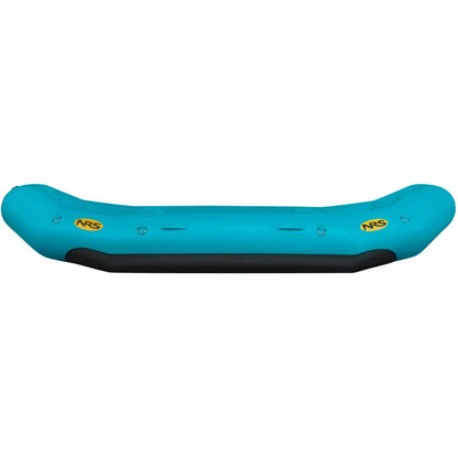 The blue inflatable raft has a black bottom and is made from durable Pennel Orca fabric, featuring yellow NRS logos and multiple attachment points. It's perfect for outfitter-grade performance enthusiasts from the NRS Otter Series Rafts.