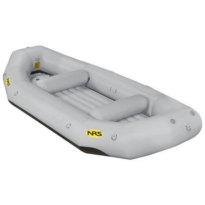 The gray Otter Series Raft by NRS features outfitter-grade performance with three interior seat bars and a yellow "NRS" logo, showcasing its durable Pennel Orca fabric.