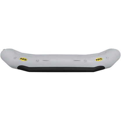 The NRS Otter Series Raft is a white inflatable model crafted from premium Pennel Orca fabric, featuring a black bottom and bold yellow logos on the sides, ensuring outfitter-grade performance.
