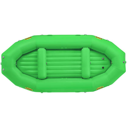 Top view of an NRS Otter Series green inflatable raft with two seating areas, made from Pennel Orca fabric for outfitter-grade performance, ideal for outdoor water activities.