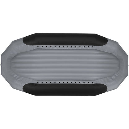 A top view of the gray and black NRS Otter Series Rafts highlights its outfitter-grade performance, featuring a ribbed seating area and durable black side tubes crafted from Pennel Orca fabric.