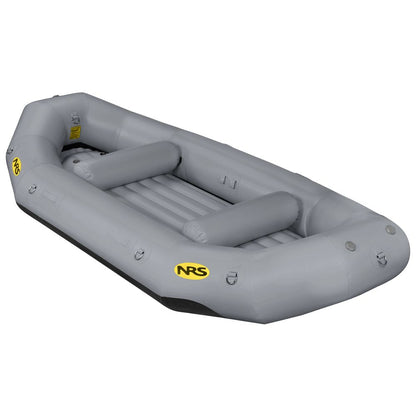 The NRS Otter Series Raft is a gray inflatable made from durable Pennel Orca fabric, featuring two thwarts and outfitter-grade performance with NRS logos on the side.