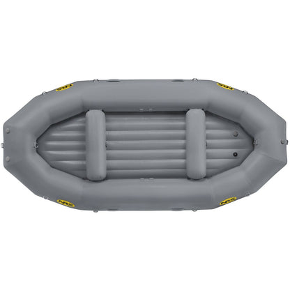 The gray NRS Otter Series inflatable raft, made with Pennel Orca fabric, has a ribbed floor and thick oval-shaped sides when seen from above, offering outfitter-grade performance for any adventure.