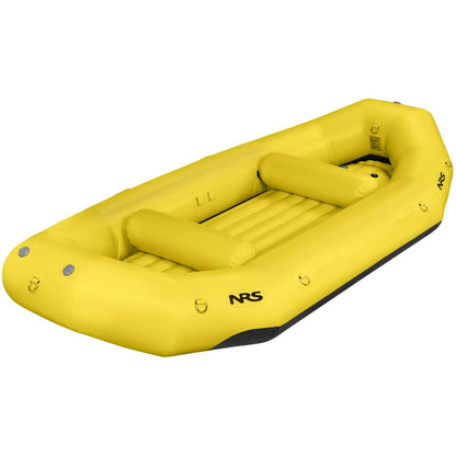 The NRS Otter Series Rafts are yellow inflatables with black bases, made from durable Pennel Orca fabric. They feature multiple air chambers and seating areas for outfitter-grade performance.